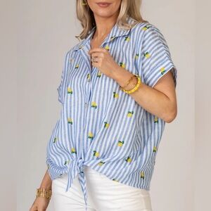 Tribal Striped Blue and White Lemon Print Women's Top with tie front sz large